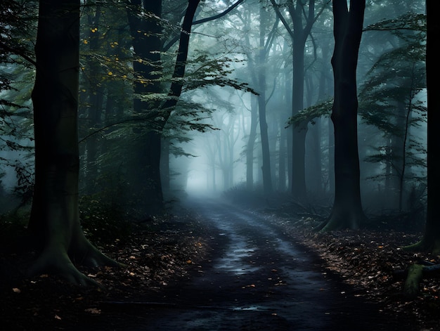 Dark forest with fog and beautiful colors hazy forest Road or path through dense tree forest