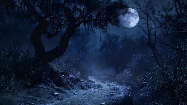 a dark forest with a full moon in the background