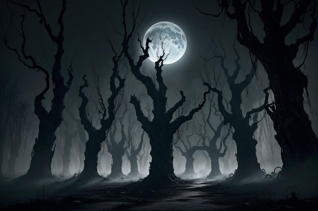 A dark forest with a full moon in the background.