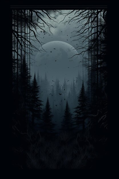 Photo a dark forest with a full moon in the background