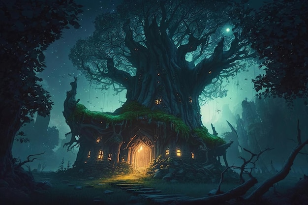 A dark forest with a house in the middle and a tree with the word'magic'on the front.