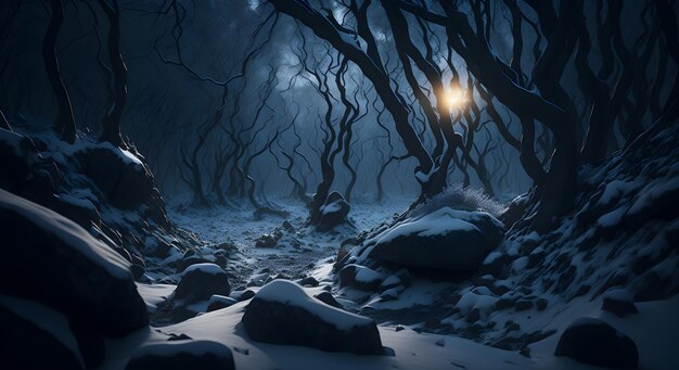 A dark forest with a light on the ground and the trees on the left