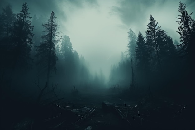 Dark forest with mist