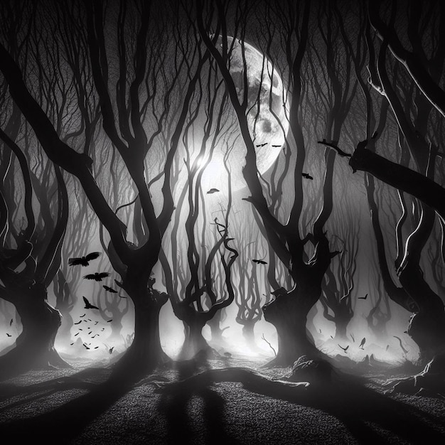a dark forest with the moon behind the trees