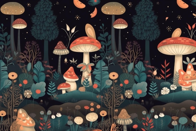 A dark forest with mushrooms and a blue moon on the bottom.