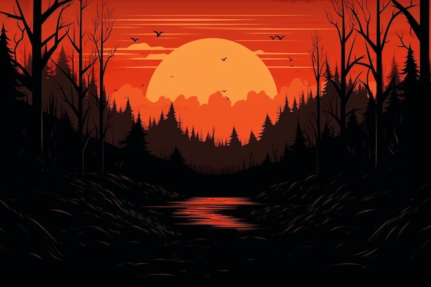 Dark forest with orange background