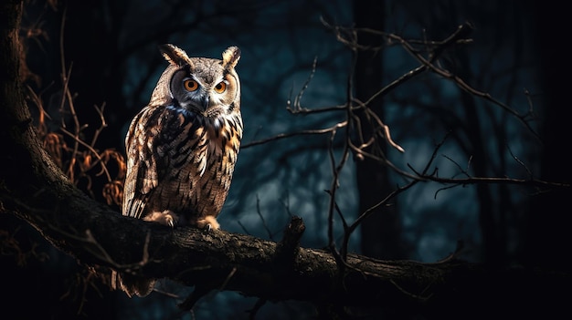 A dark forest with an owl sitting on a branch