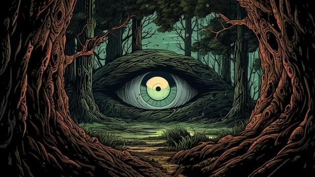 中空の木から見つめる一対の輝く目を持つ暗い森 ファンタジー コンセプト イラスト絵画 ジェネレーティブ Ai