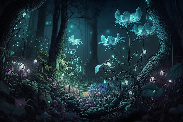 A dark forest with a path and fireflies