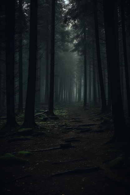 a dark forest with a path in the fog