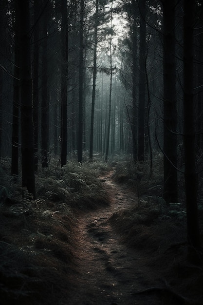 A dark forest with a path leading to the light