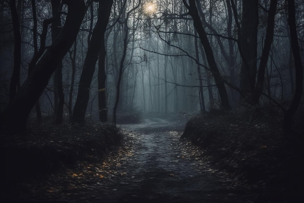 A dark forest with a path and the moon in the sky.