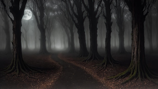 Photo a dark forest with a path that has a tree on it.