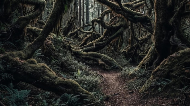 A dark forest with a path through the branches and vines.