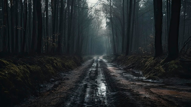 A dark forest with a puddle of water on the road.