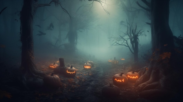 A dark forest with pumpkins in the middle and a glowing light on the bottom.