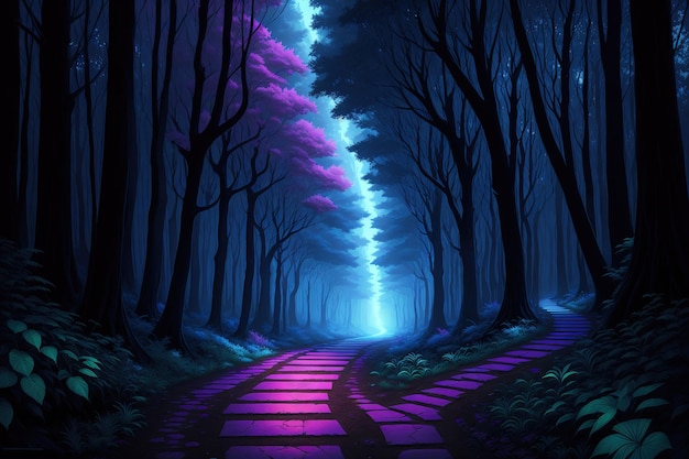A dark forest with a purple road and a blue light.