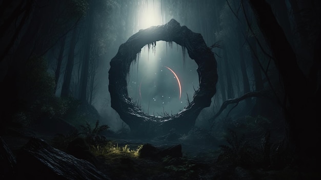 A dark forest with a ring in the middle