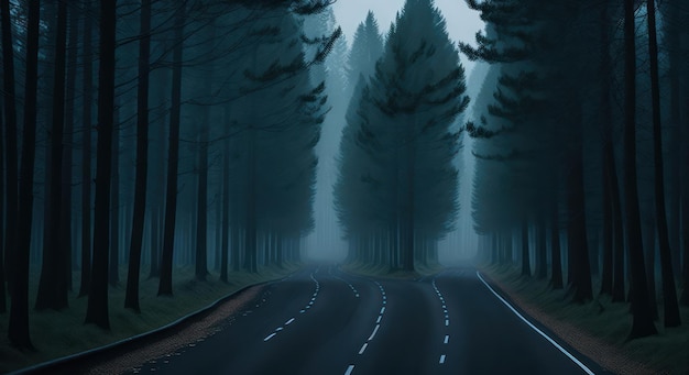 A dark forest with a road leading to it