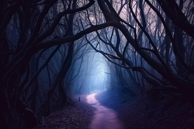 A dark forest with a road that has a blue light on it.