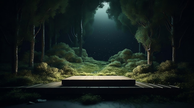 A dark forest with a round podium in the middle and a light on the bottom