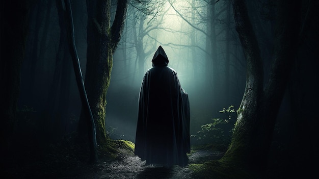A dark forest with a silhouette of a man in a hood and a hood.