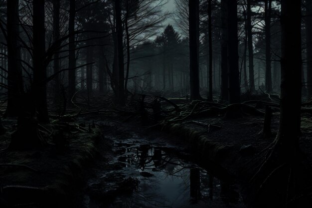 a dark forest with a stream running through it