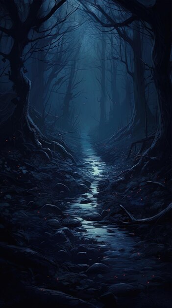 темный лес с ручьем, протекающим через него