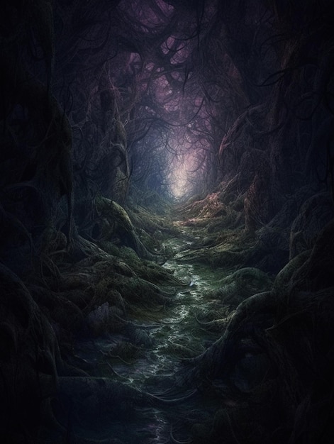 A dark forest with a stream running through it.