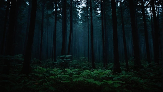 A dark forest with tall tress and a green understory