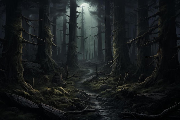 a dark forest with a trail in the dark.