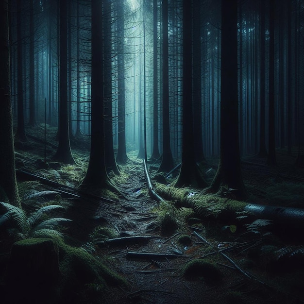 a dark forest with a trail in the middle of the woods