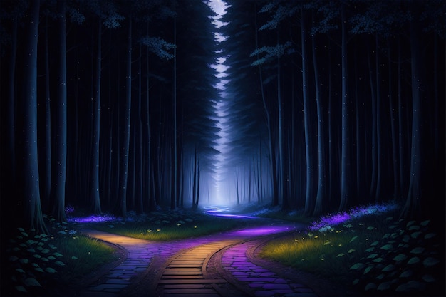 A dark forest with a train track and a blue light.