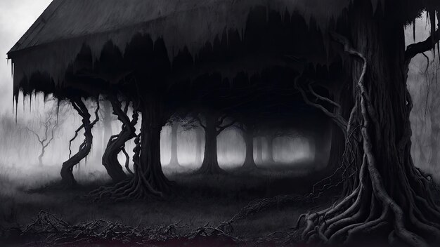 A dark forest with a tree trunk and roots