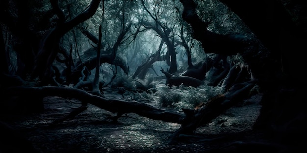 Dark forest with twisted trees and deep shadows suggesting the possibility of supernatural creatures lurking in the darkness Generative AI