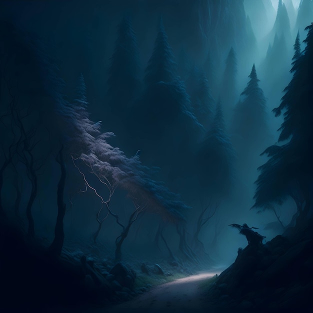 A dark forest with a wolf on the left side.