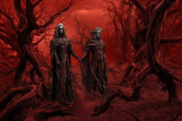 A dark forest with a woman and a man holding hands.