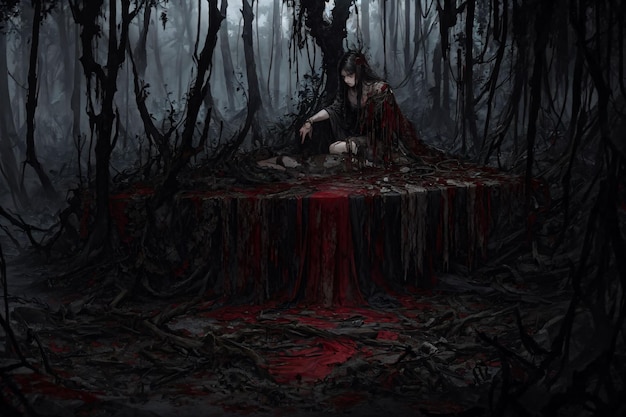 A dark forest with a woman in a red dress and a tree with blood on it.