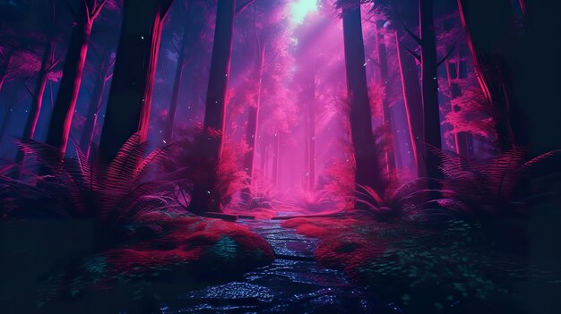 Dark forests and haunted woodspink neon ai generate