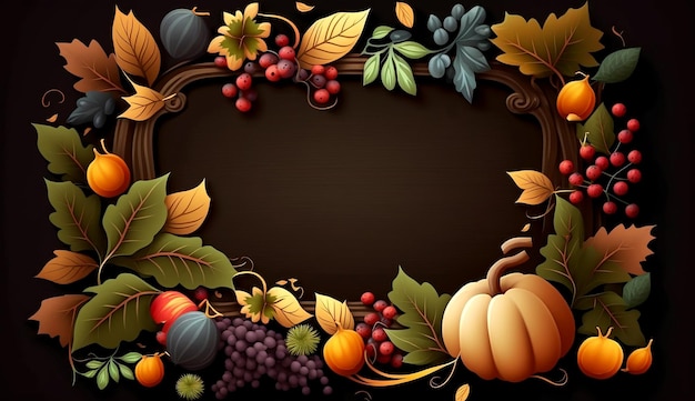 Dark frame with autumn harvest or Thanksgiving day pumpkins fall leaves and fruits generative ai