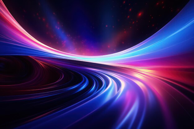 Dark futuristic background with abstract light waves with neon glow effect