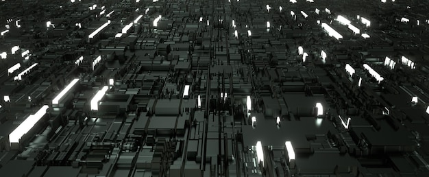 Dark futuristic city mechanism abstract circuit board with\
glowing 3d render chips in cyberspace