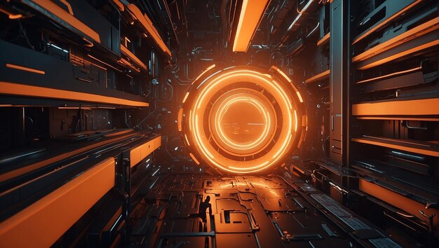 A dark futuristic room with orange glowing lights