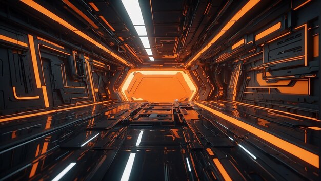 A dark futuristic room with orange glowing lights
