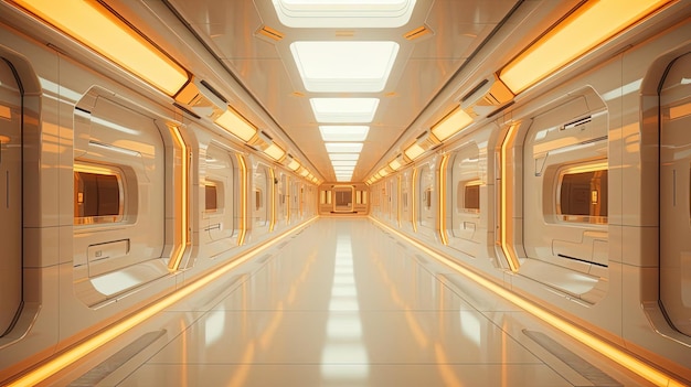 a dark futuristic space corridor with an orange light