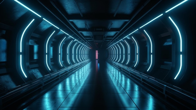 Dark futuristic tunnel with glowing neon lamps and reflections