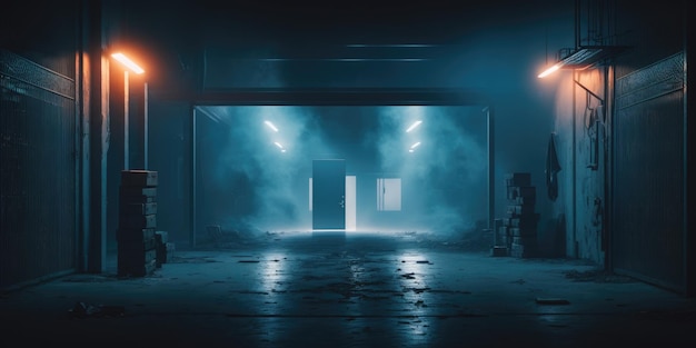 Темный гараж с синим светом, на котором написано «слово»