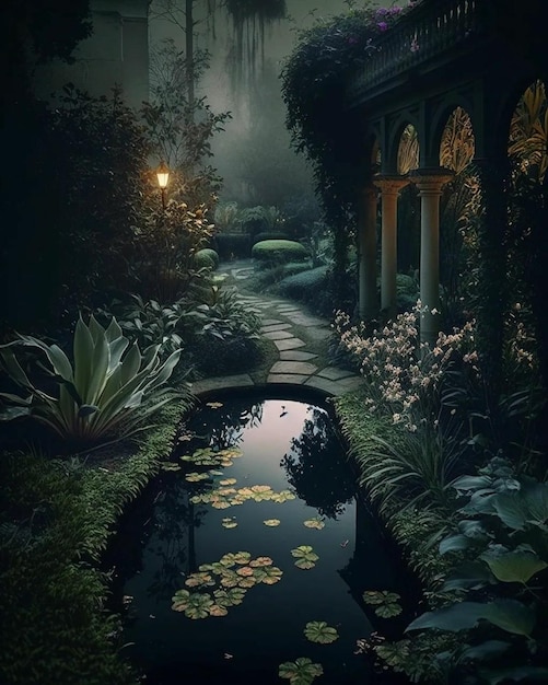 A dark garden with a pond and a pond with a lily pad.