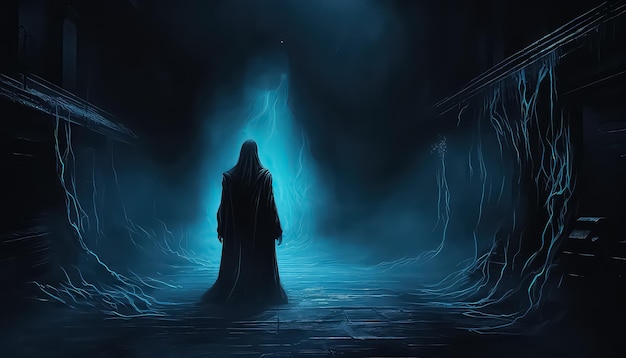 dark ghost in black robe in a black tunnel in the style of airbrush art