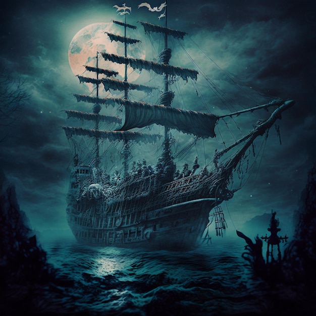 Темная иллюстрация корабля-призрака в готическом стиле